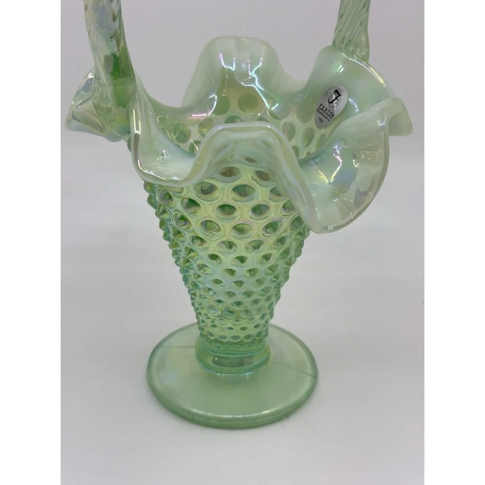 Vintage FENTON Sea Mist Green Opalescent Hobnail  Basket  w/ Twisted Handle